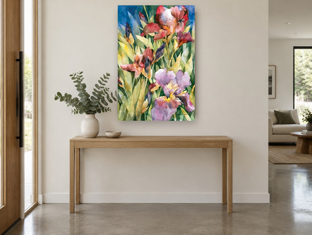 Iris Garden Bloom floral canvas print on the wall of a entry hall