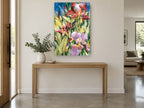 Iris Garden Bloom floral canvas print on the wall of a entry hall