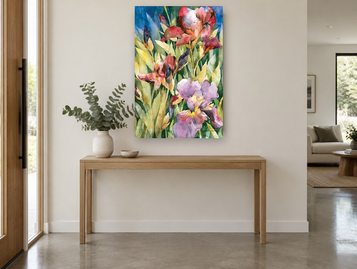 Iris Garden Bloom floral canvas print on the wall of a entry hall