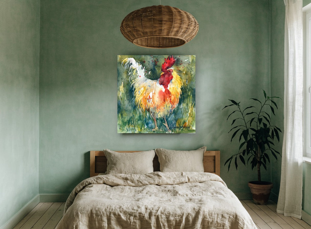 Proud Rooster Watercolour animal canvas print on the wall of a bedroom