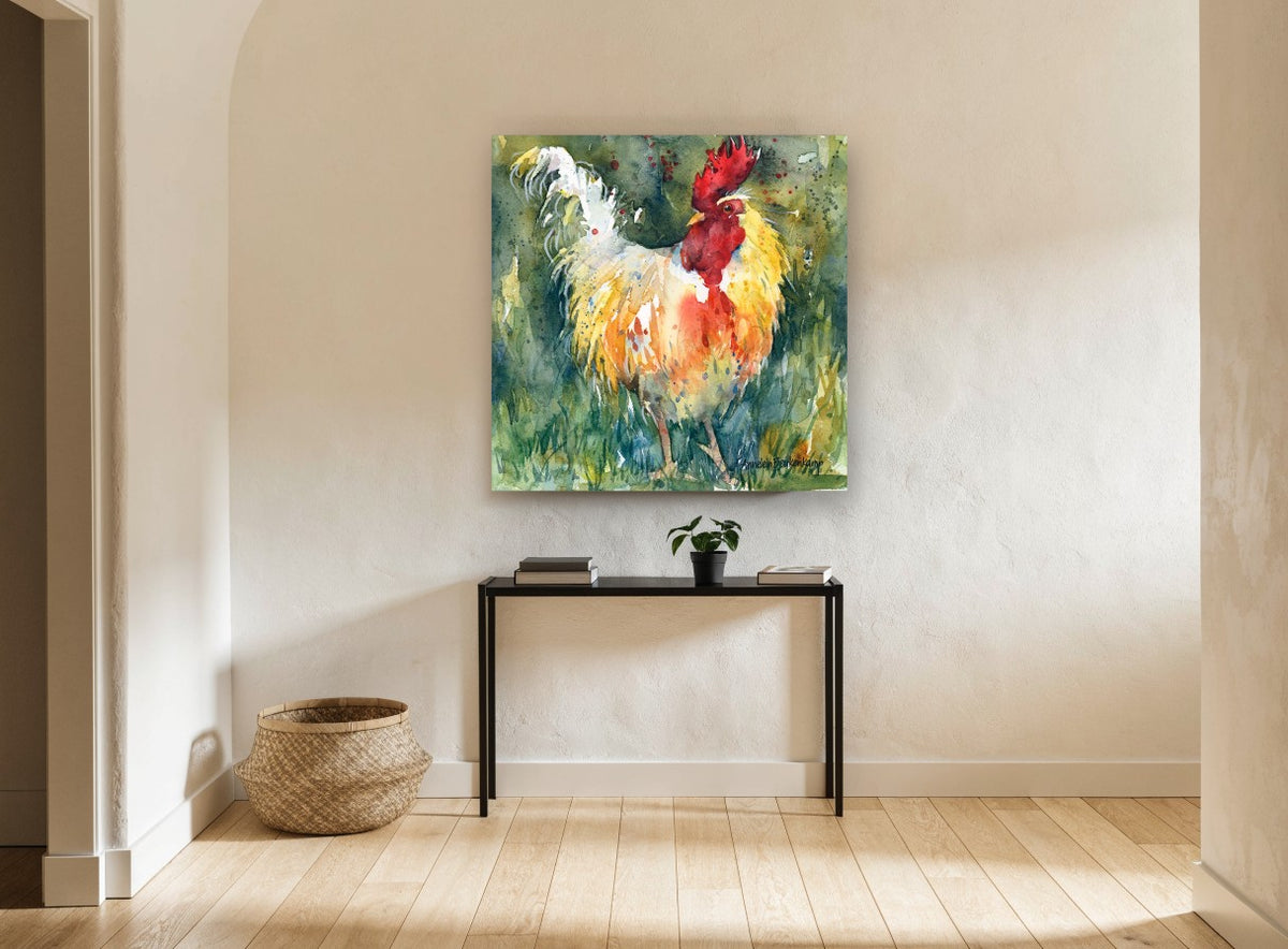 Proud Rooster Watercolour animal canvas print on the wall of a hallway
