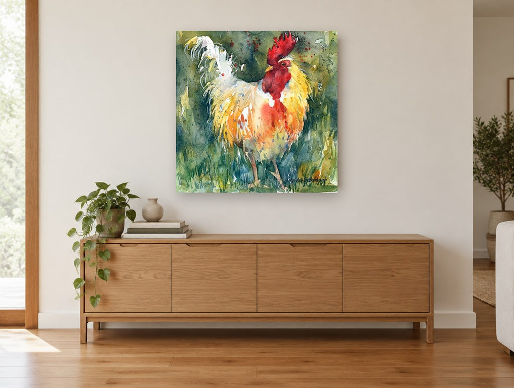 Proud Rooster Watercolour animal canvas print on the wall of a living room above a sideboard