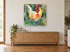 Proud Rooster Watercolour animal canvas print on the wall of a living room above a sideboard