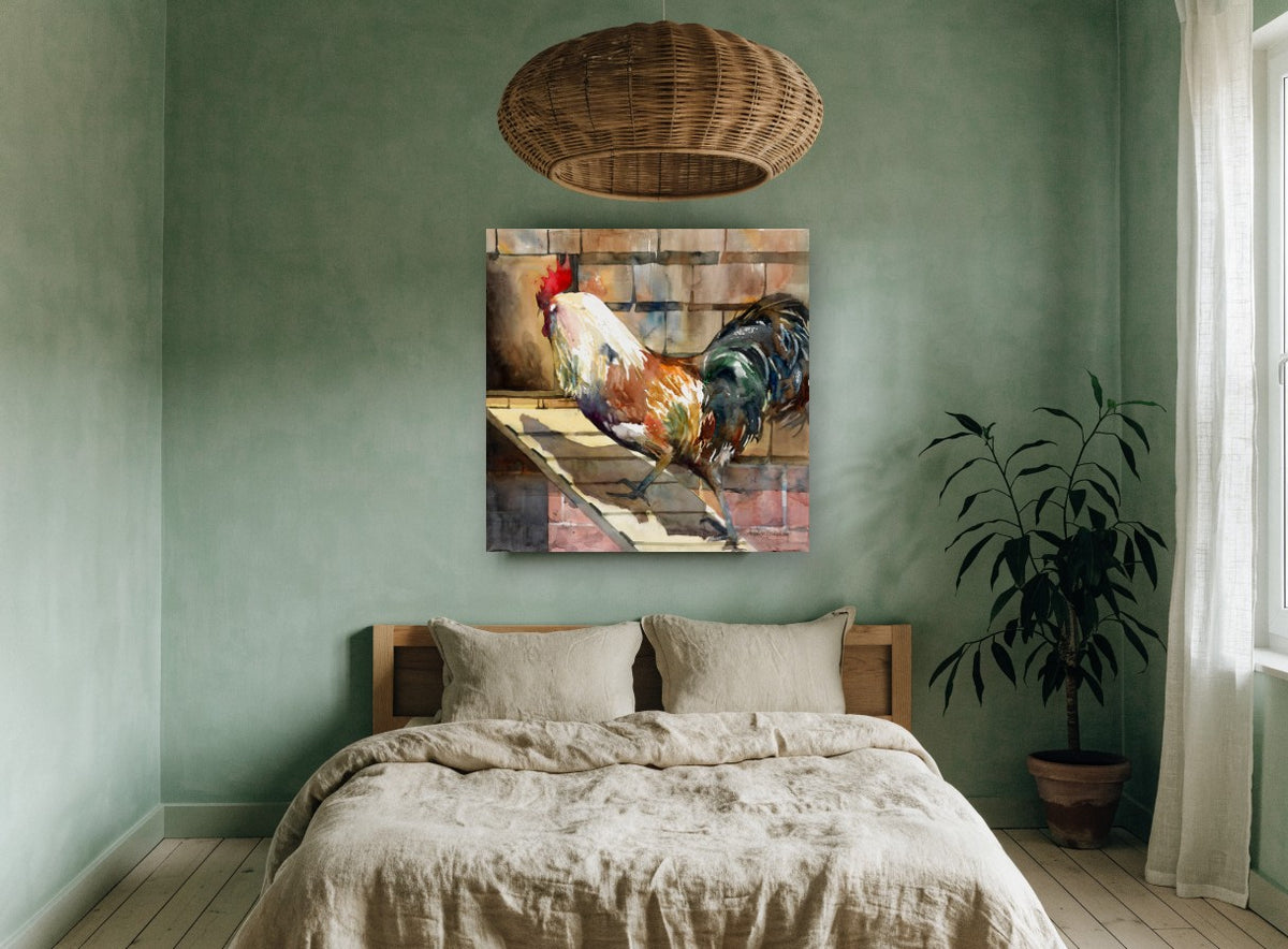 Rooster on the Ramp animal canvas print on the wall of a bedroom