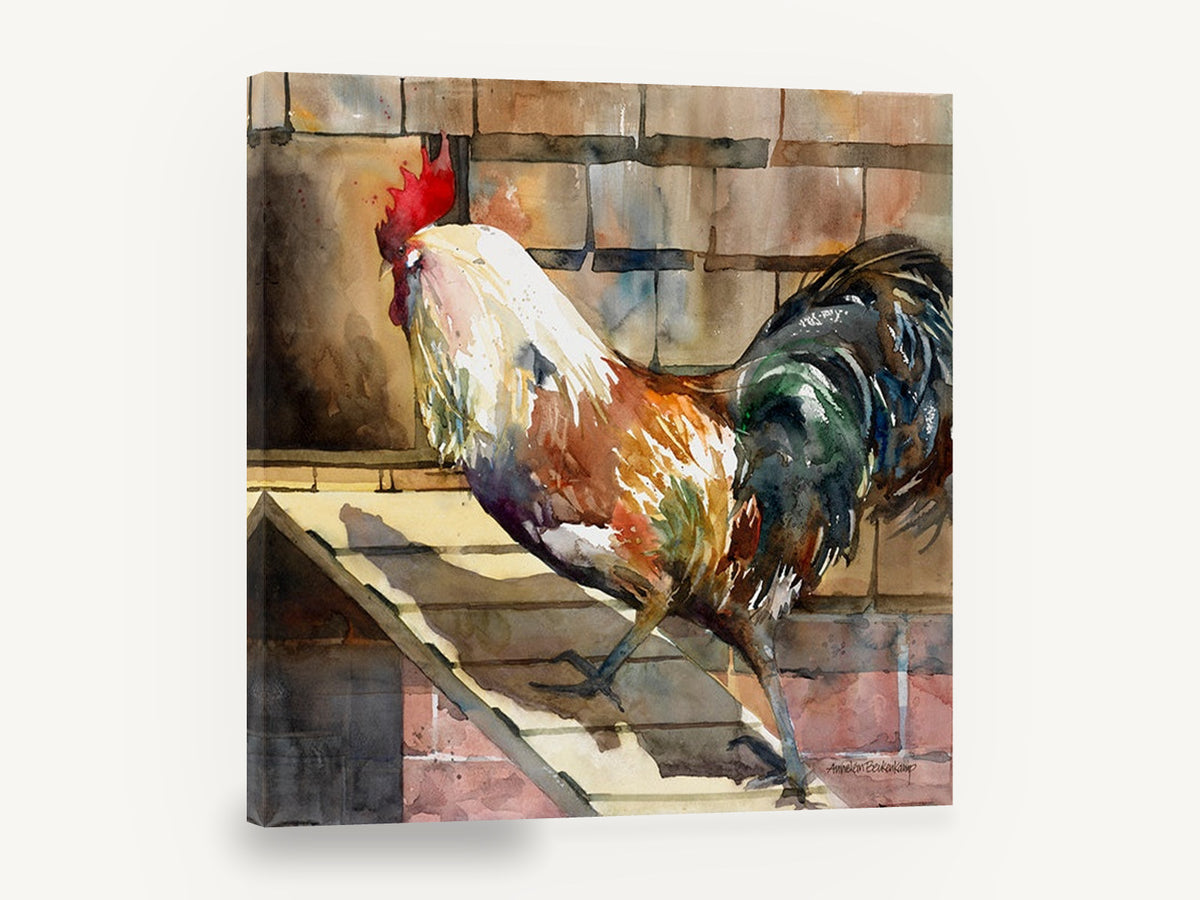 Rooster on the Ramp, rooster watercolour farmyard portrait, animal canvas wall art print ready to hang
