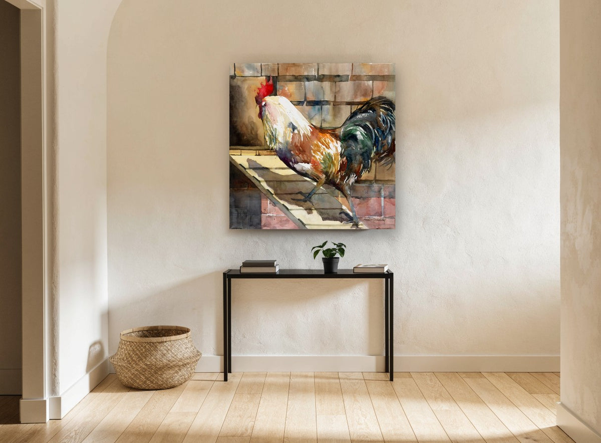 Rooster on the Ramp animal canvas print on the wall of a hallway