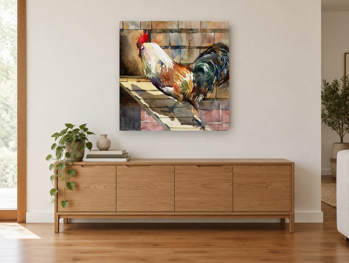 Rooster on the Ramp animal canvas print on the wall of a living room above a sideboard
