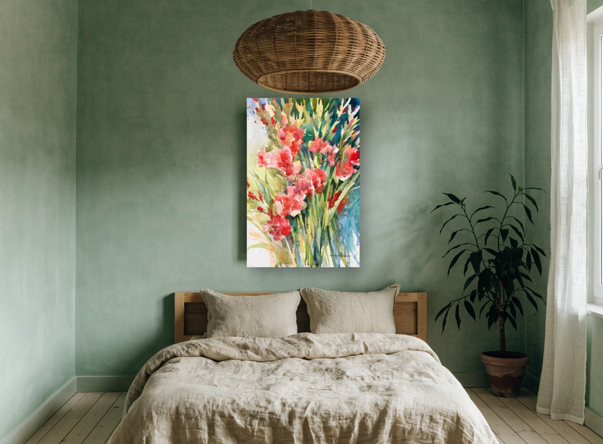 Coral Gladioli Bunch floral canvas print on the wall of a bedroom