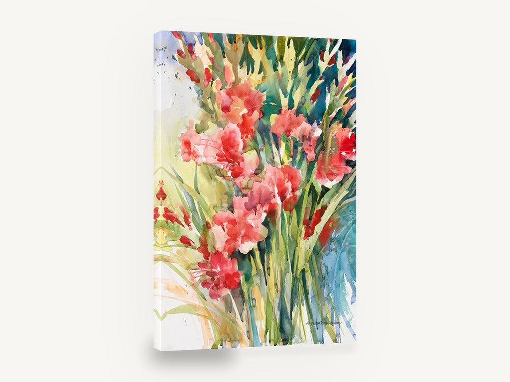 Coral Gladioli Bunch, red gladioli watercolour floral bouquet, floral canvas wall art print ready to hang