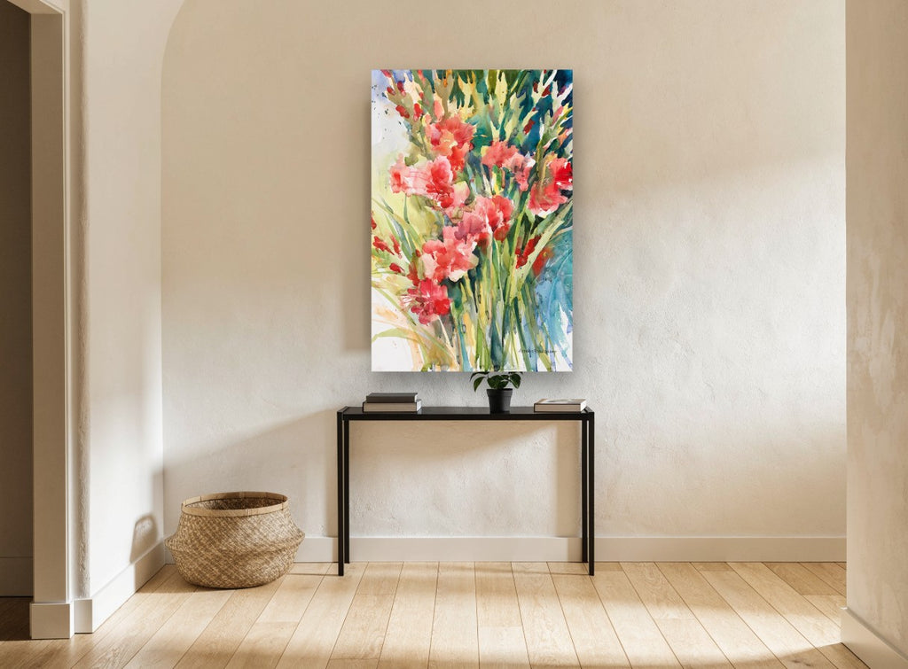 Coral Gladioli Bunch floral canvas print on the wall of a hallway