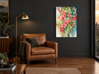 Coral Gladioli Bunch floral canvas print on the wall of a charcoal living room