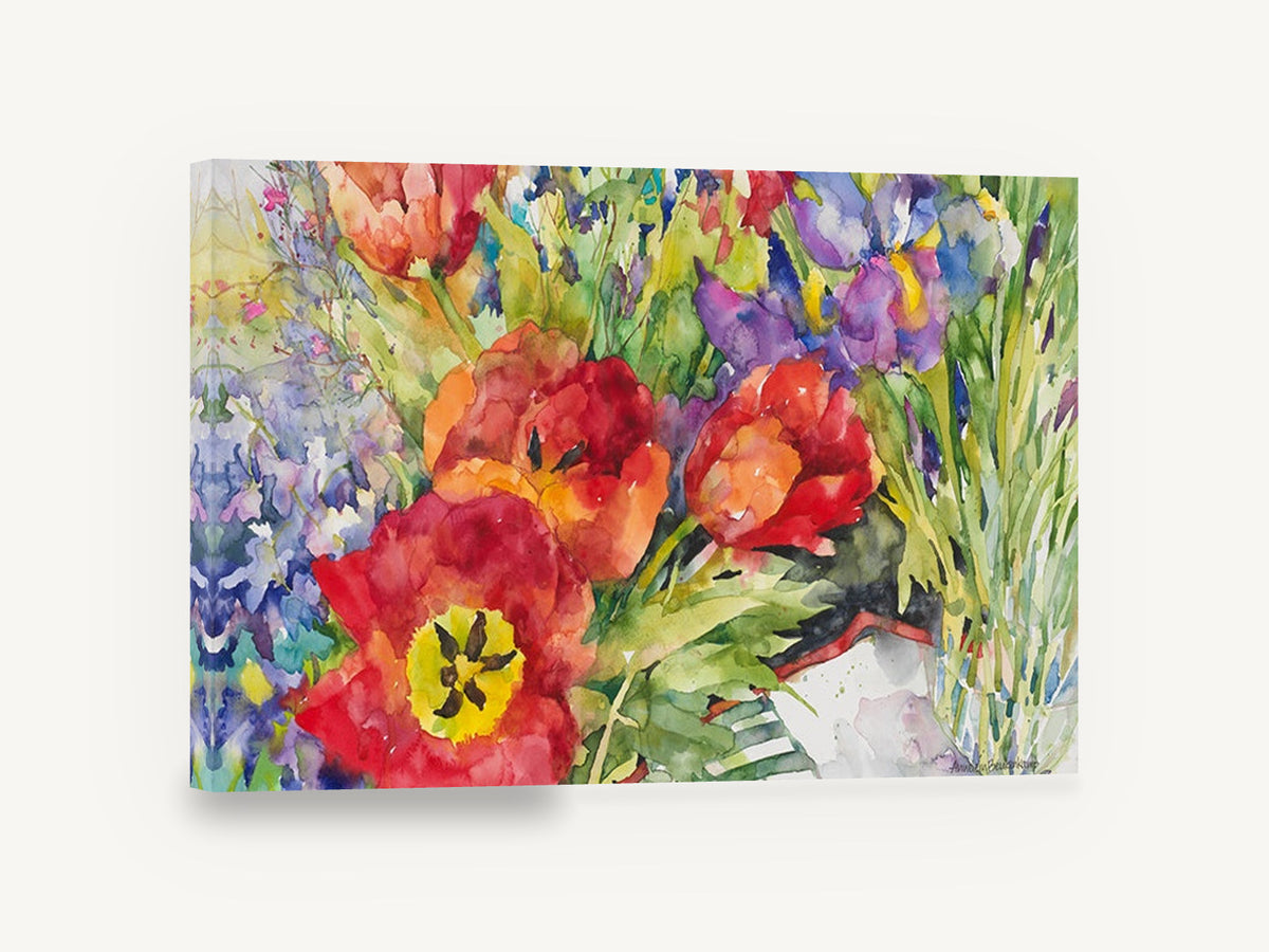 Red Tulips and Iris, red tulips iris watercolour floral, floral canvas wall art print ready to hang