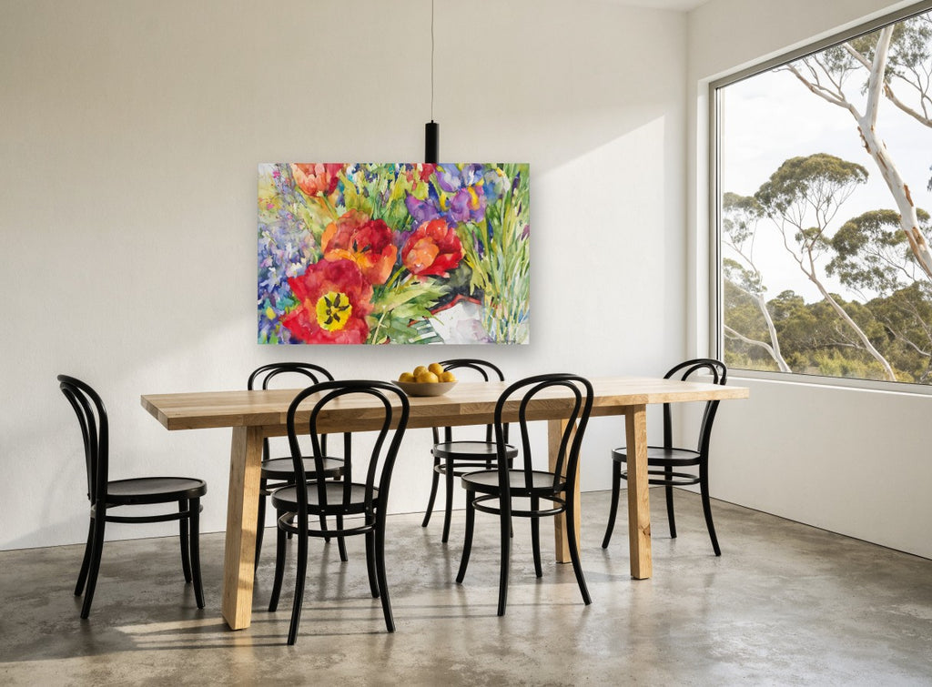 Red Tulips and Iris floral canvas print on the wall of a dining room