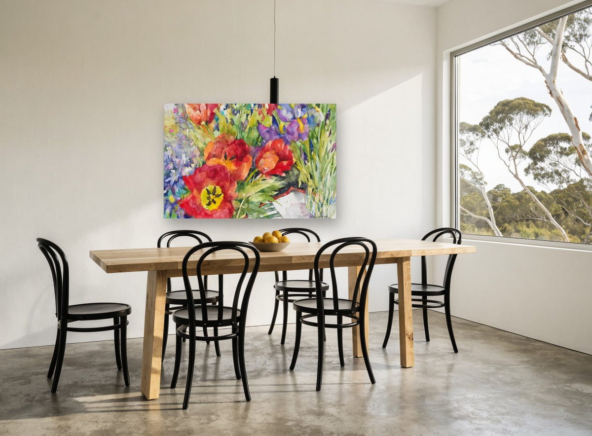Red Tulips and Iris floral canvas print on the wall of a dining room