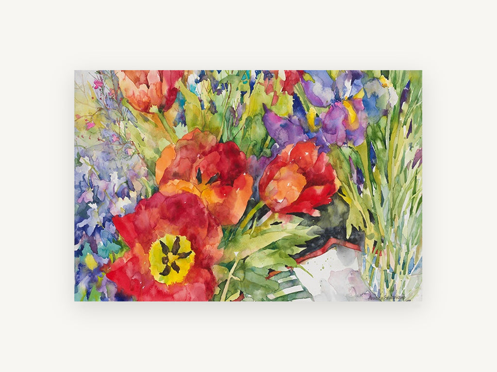 Red Tulips and Iris, floral canvas wall art print, front view