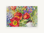 Red Tulips and Iris, floral canvas wall art print, front view