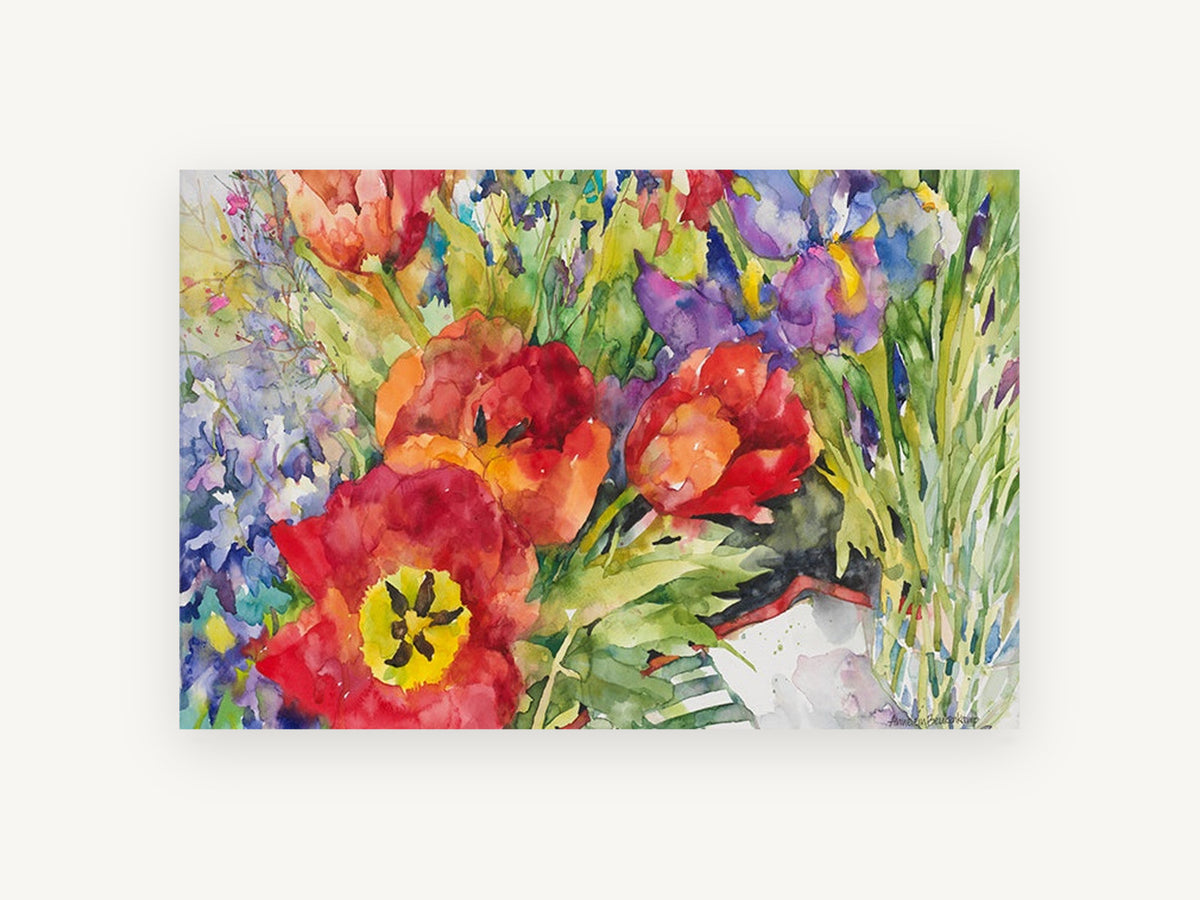 Red Tulips and Iris, floral canvas wall art print, front view
