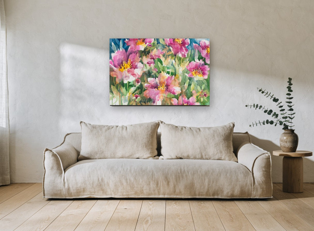 Pink Garden Chorus floral canvas print on the wall of a living room