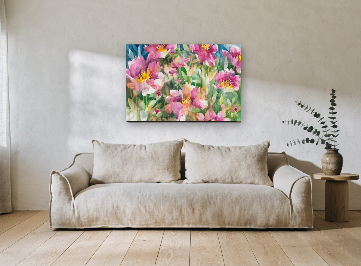 Pink Garden Chorus floral canvas print on the wall of a living room