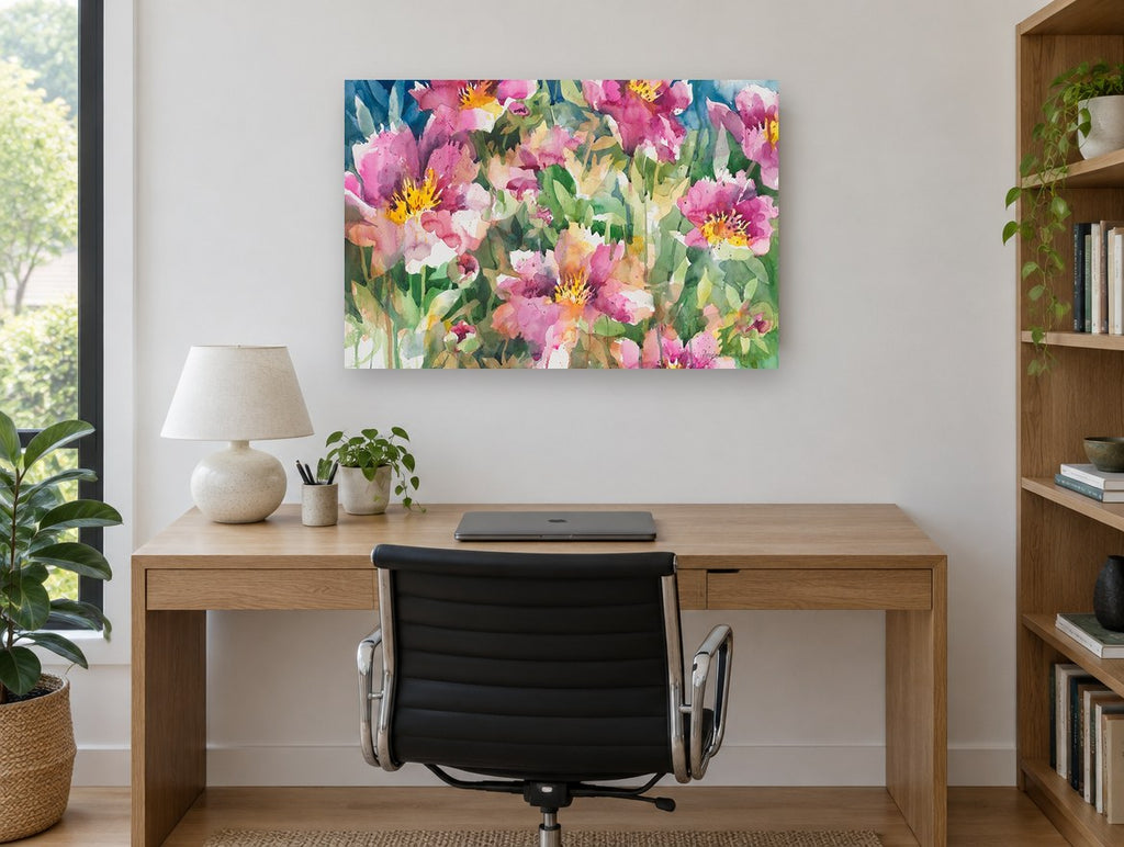 Pink Garden Chorus floral canvas print on the wall of a study