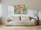 Pink Peony Garden floral canvas print on the wall of a living room