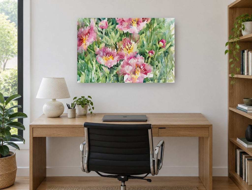 Pink Peony Garden floral canvas print on the wall of a study