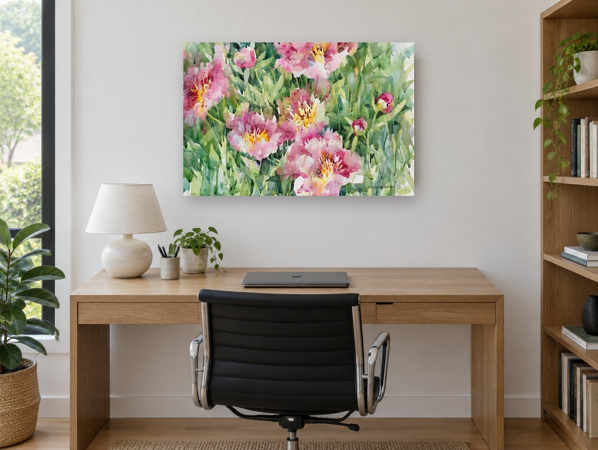 Pink Peony Garden floral canvas print on the wall of a study