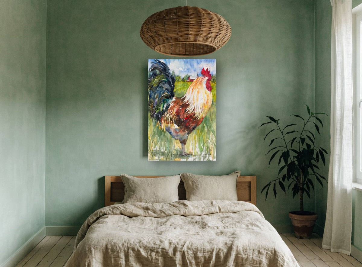 Crowing Farmyard Rooster animal canvas print on the wall of a bedroom