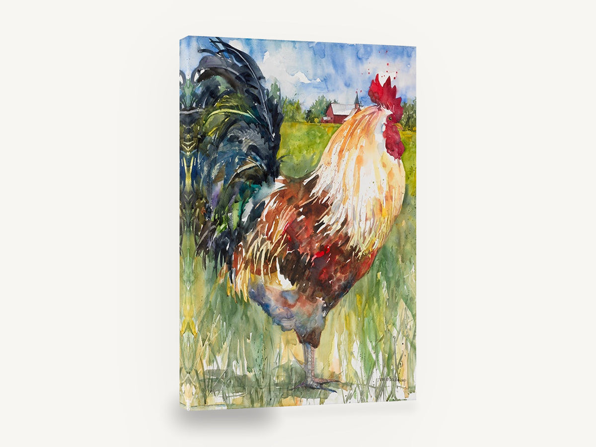 Crowing Farmyard Rooster, rooster watercolour farm portrait, animal canvas wall art print ready to hang