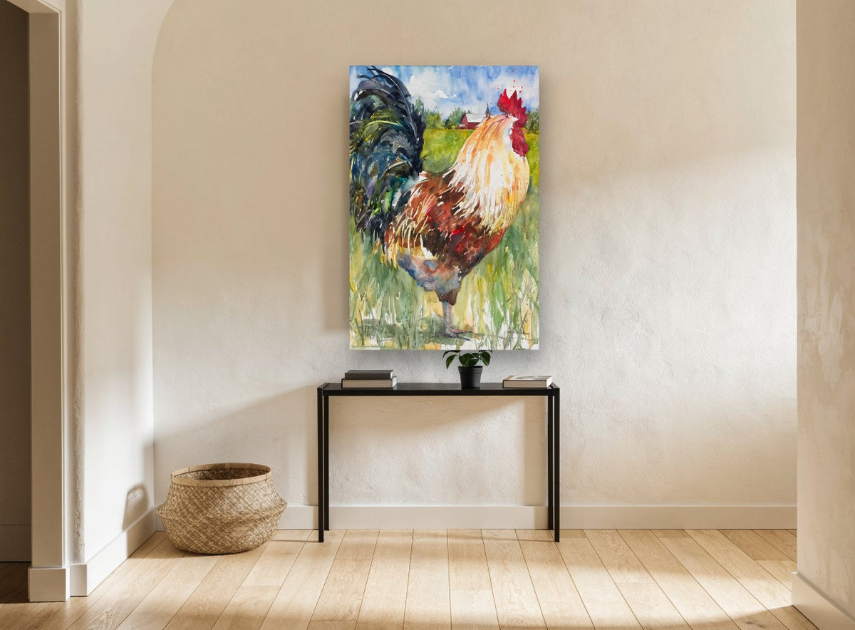 Crowing Farmyard Rooster animal canvas print on the wall of a hallway
