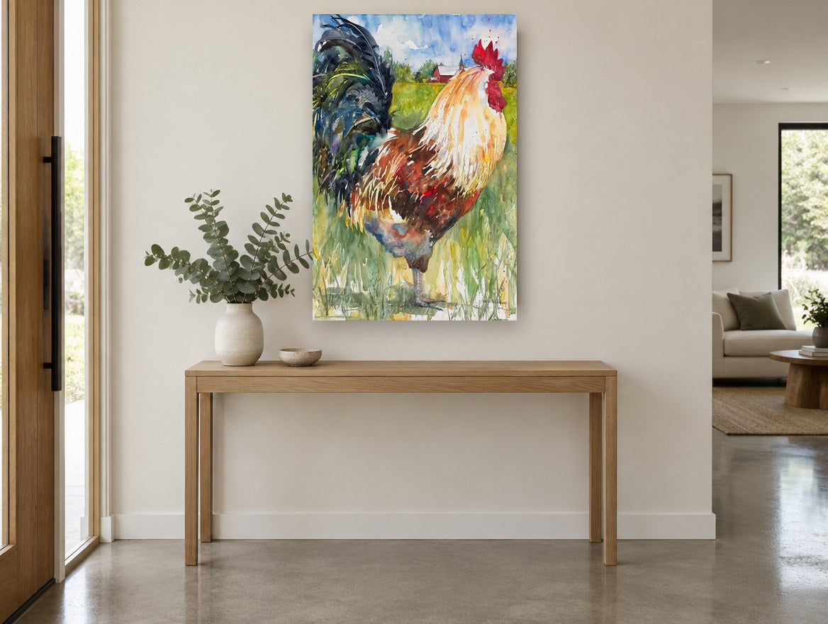Crowing Farmyard Rooster animal canvas print on the wall of a entry hall