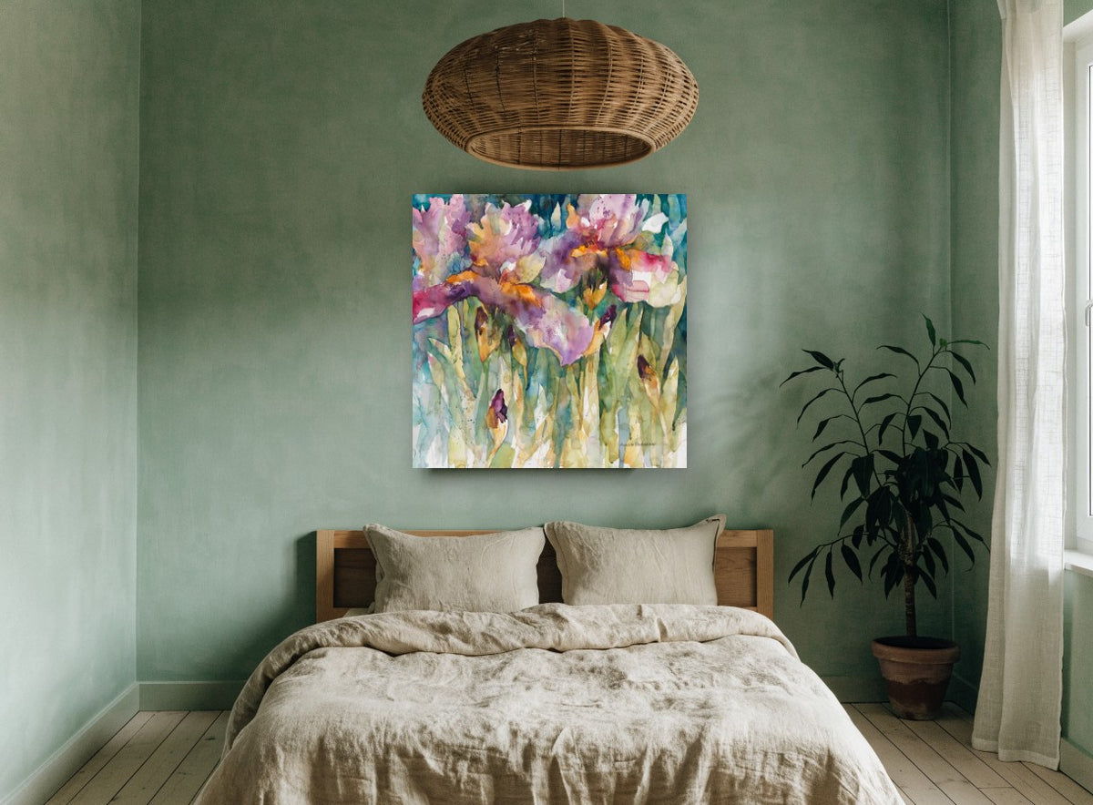 Iris Garden Drift floral canvas print on the wall of a bedroom