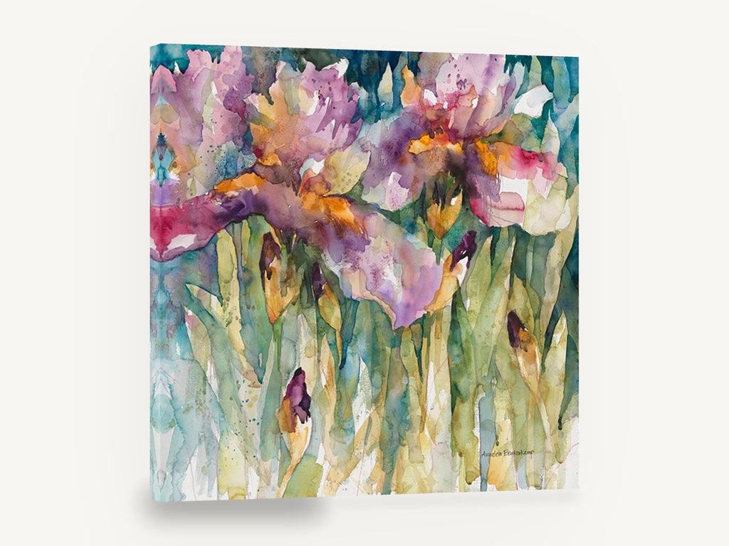 Iris Garden Drift, purple iris watercolour floral painting, floral canvas wall art print ready to hang