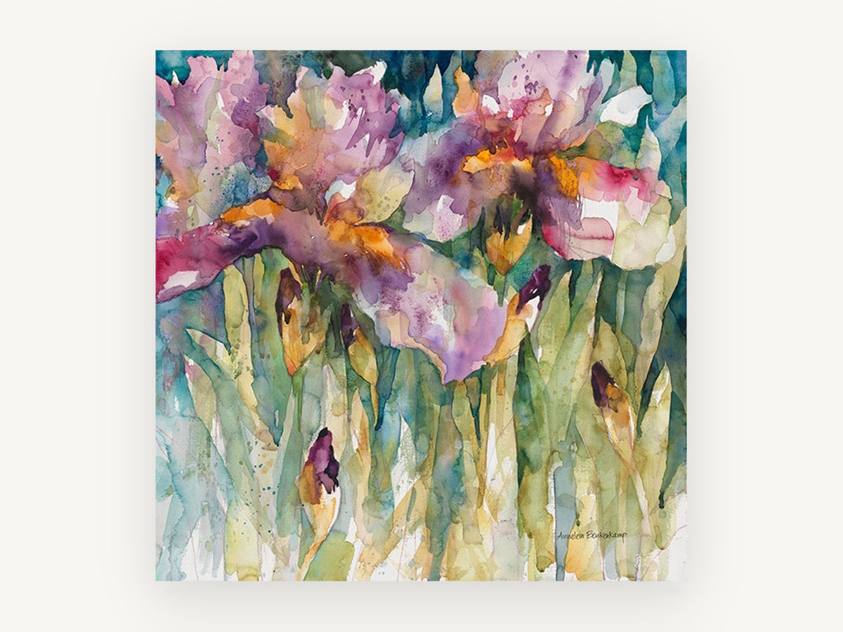 Iris Garden Drift, floral canvas wall art print, front view
