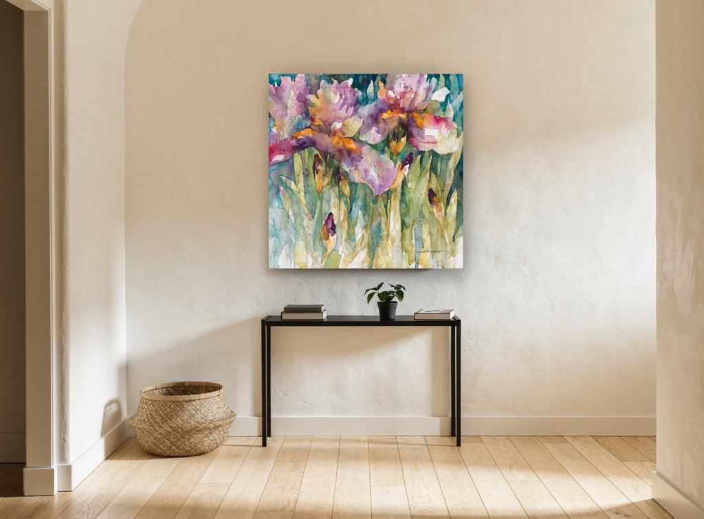 Iris Garden Drift floral canvas print on the wall of a hallway