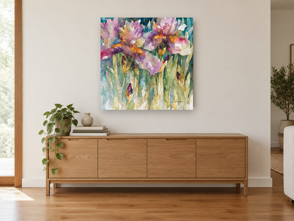 Iris Garden Drift floral canvas print on the wall of a living room above a sideboard