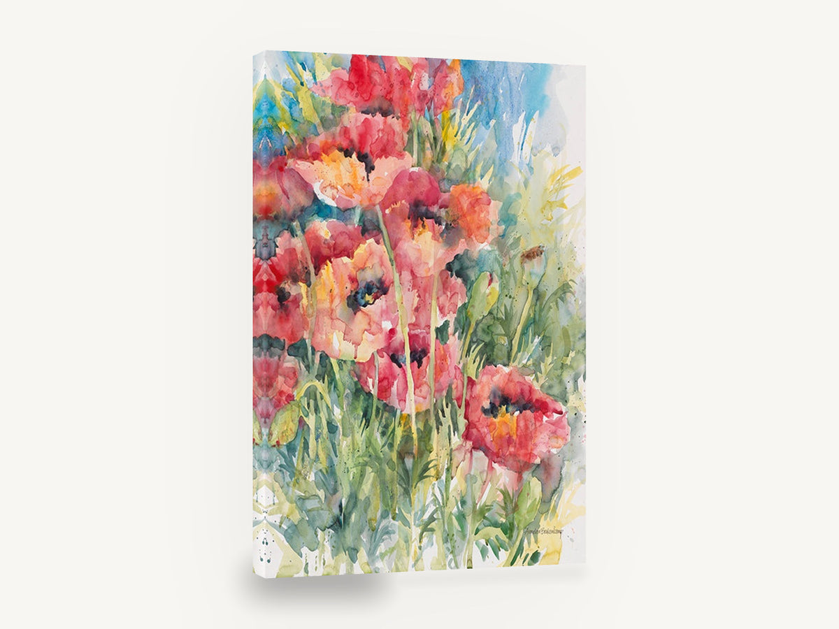 Poppy Field Bloom, red poppies watercolour floral painting, floral canvas wall art print ready to hang