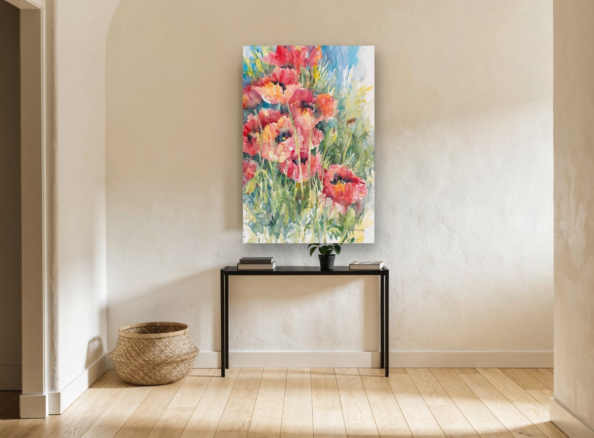 Poppy Field Bloom floral canvas print on the wall of a hallway