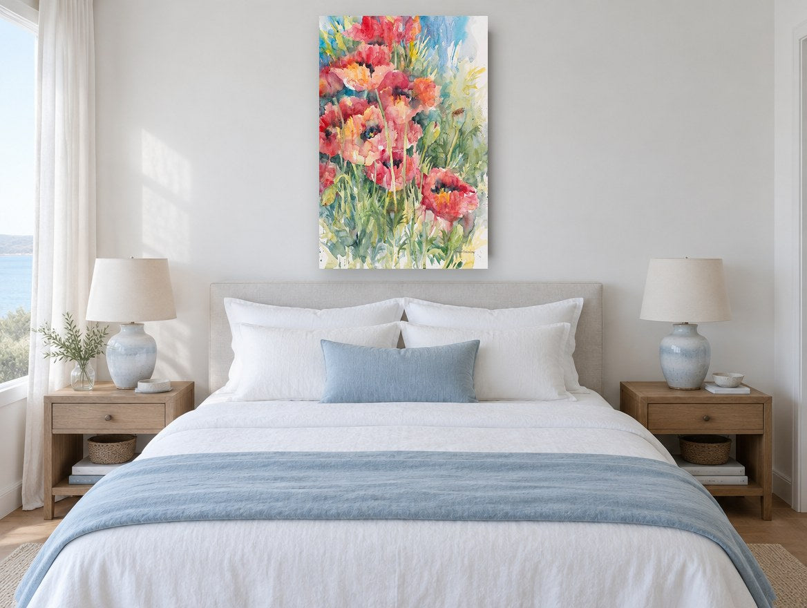 Poppy Field Bloom floral canvas print on the wall of a coastal bedroom