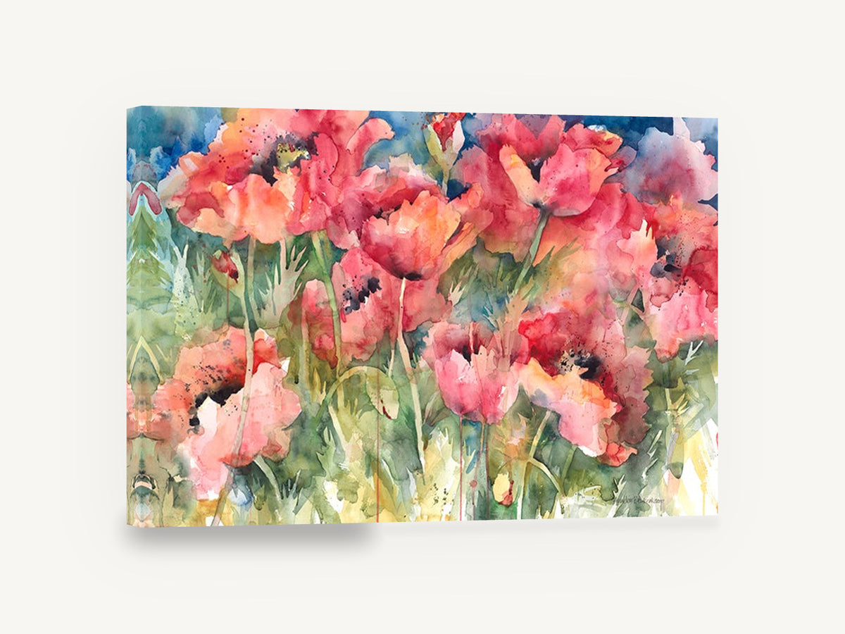 Poppy Field Bloom, red poppies watercolour floral painting, floral canvas wall art print ready to hang