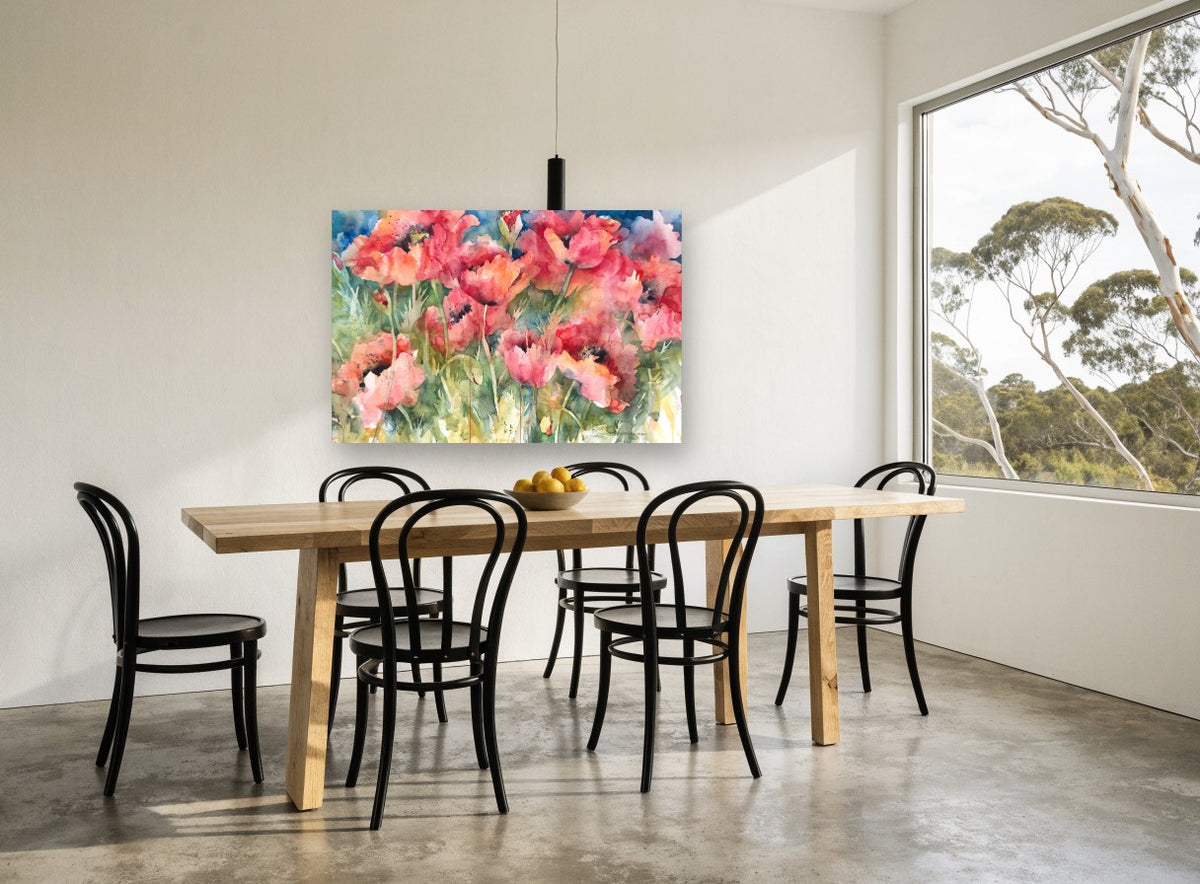 Poppy Field Bloom floral canvas print on the wall of a dining room