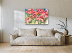 Poppy Field Bloom floral canvas print on the wall of a living room