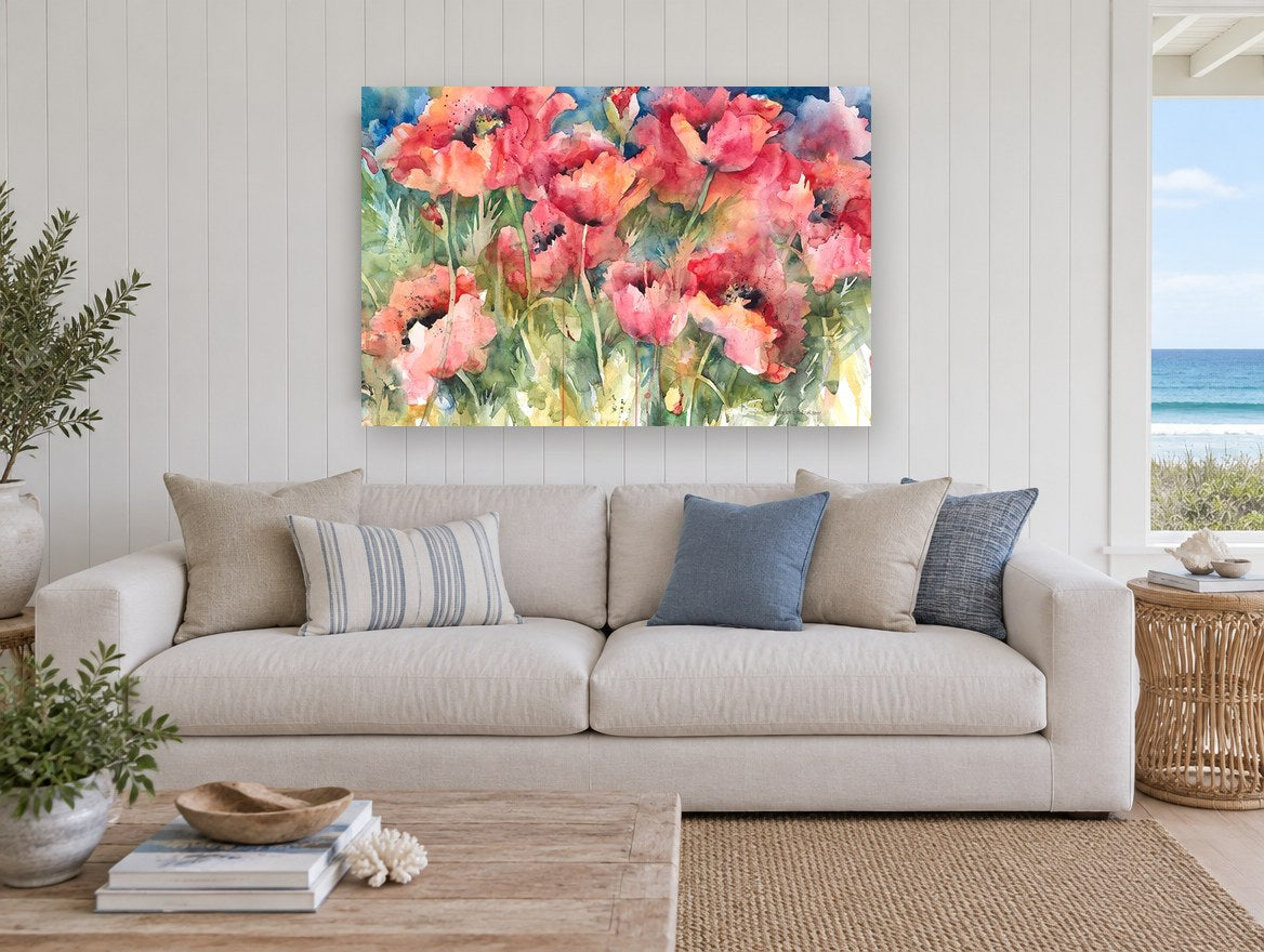 Poppy Field Bloom floral canvas print on the wall of a beach house living room