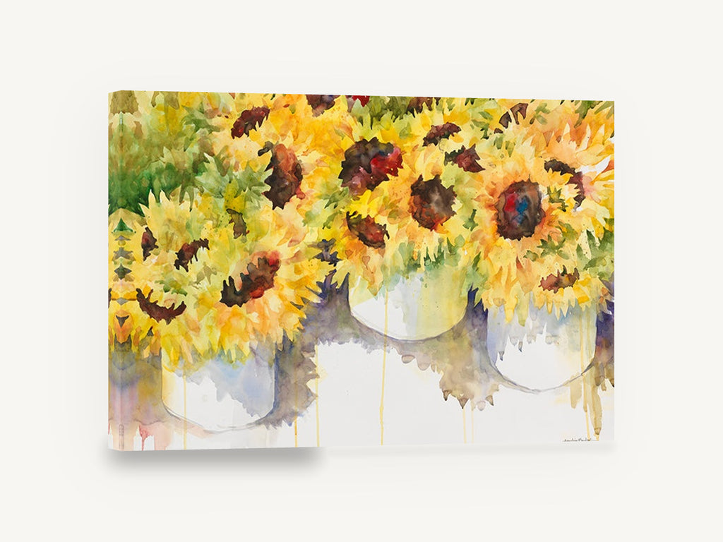 Sunflower Buckets, sunflowers in buckets watercolour floral, floral canvas wall art print ready to hang