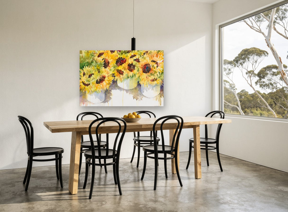 Sunflower Buckets floral canvas print on the wall of a dining room