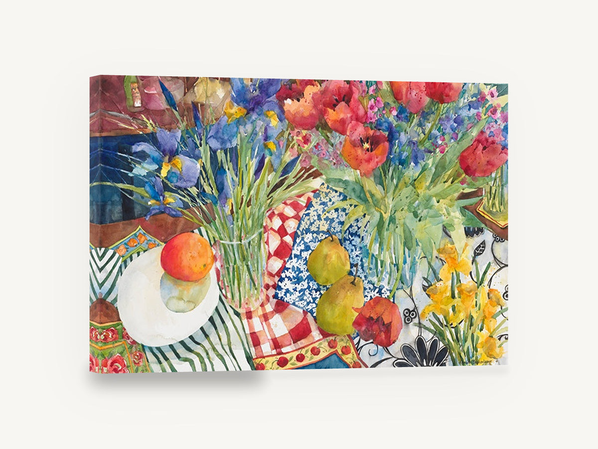 Tulips and Pears Table, tulips iris pears watercolour still life, floral canvas wall art print ready to hang