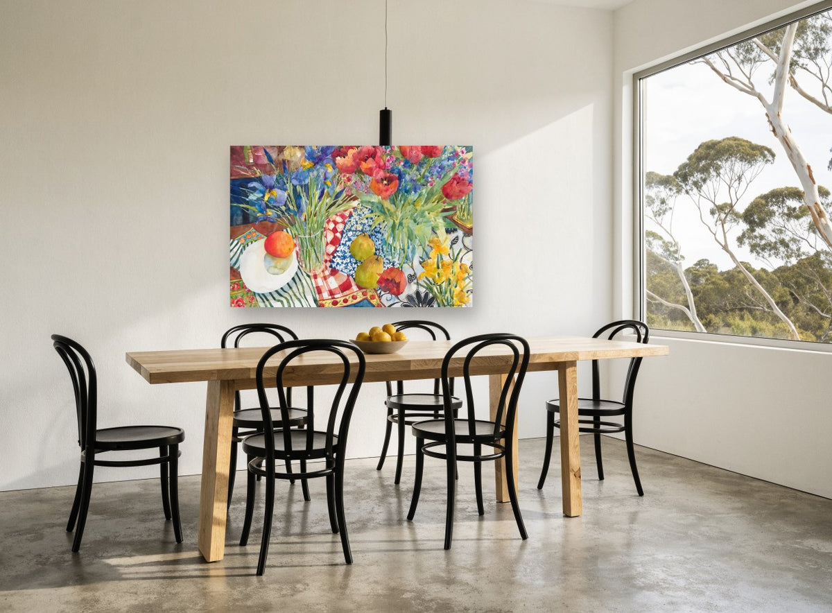 Tulips and Pears Table floral canvas print on the wall of a dining room