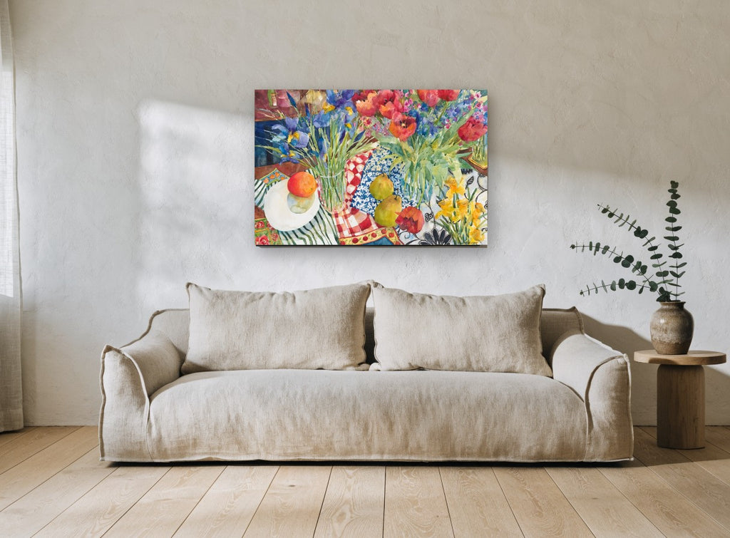 Tulips and Pears Table floral canvas print on the wall of a living room