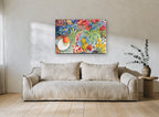 Tulips and Pears Table floral canvas print on the wall of a living room
