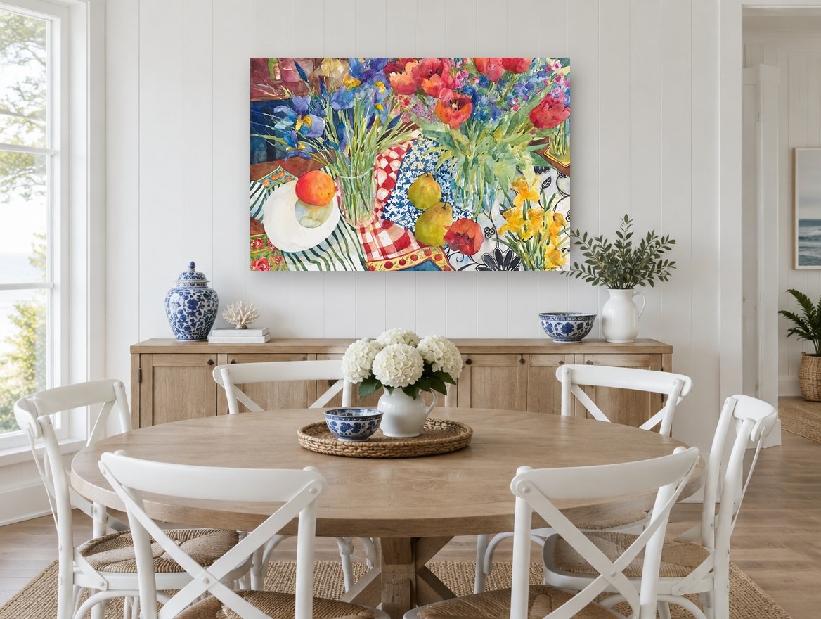 Tulips and Pears Table floral canvas print on the wall of a Hamptons dining room